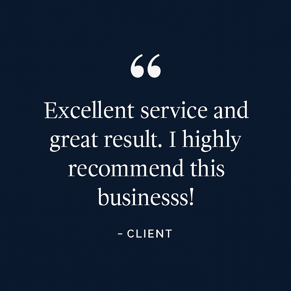 Social media carousel slide, using deep navy and white, showcasing a client's testimonial.