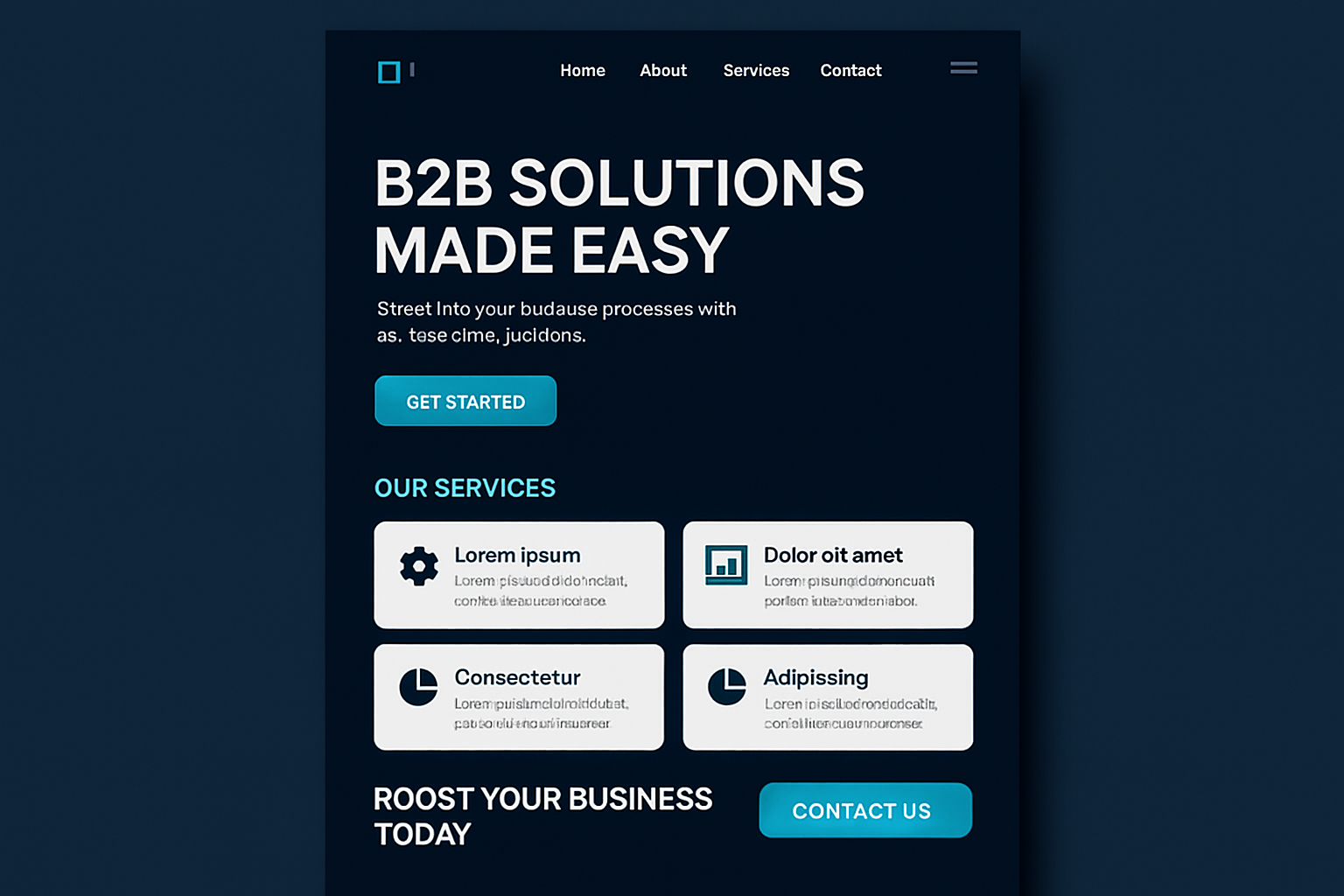 Modern business website design for a B2B client, featuring navy and cyan accents, bold headlines, and clean UI.