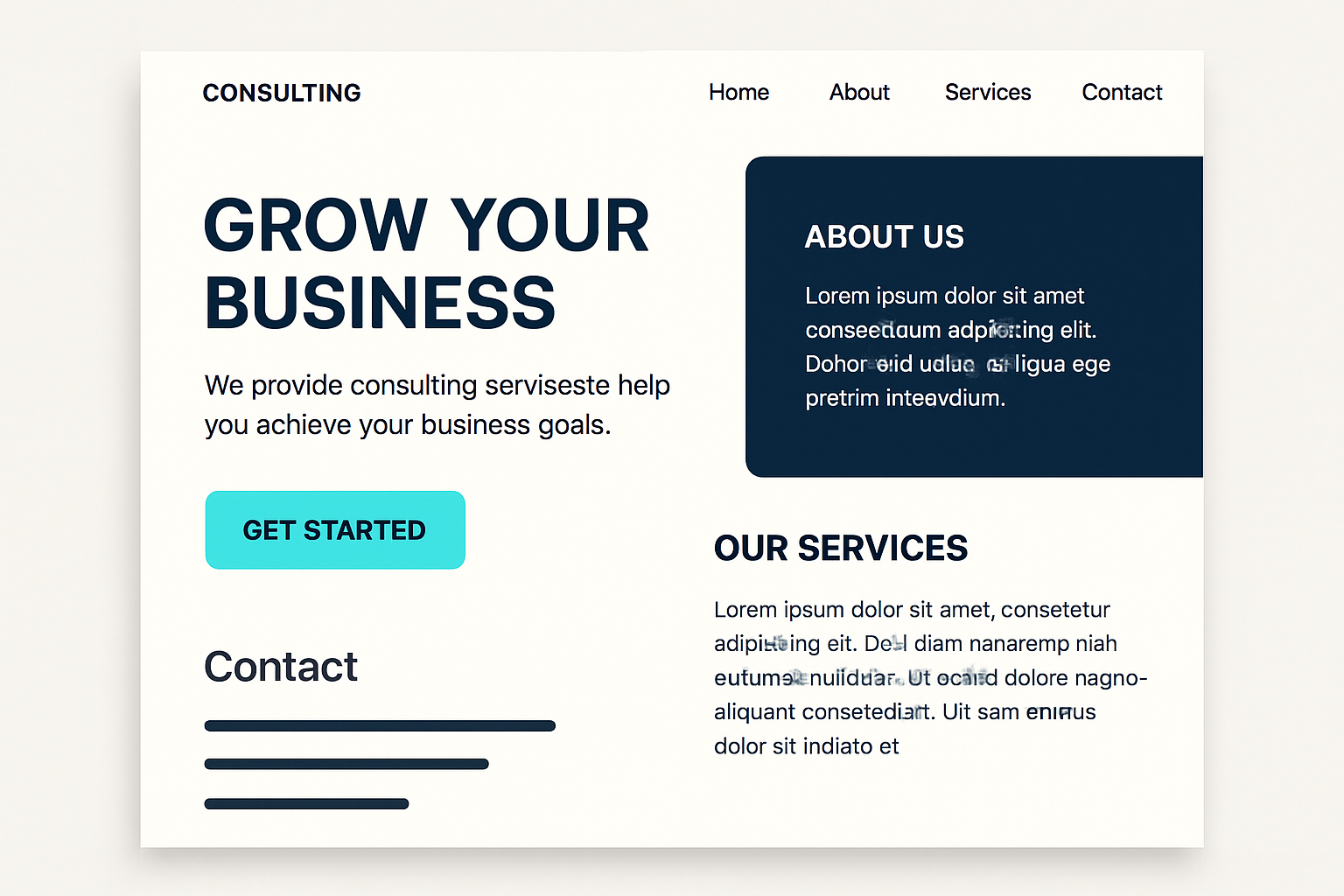 Website landing page for a consulting firm with minimalist layout and strong cyan call-to-action.