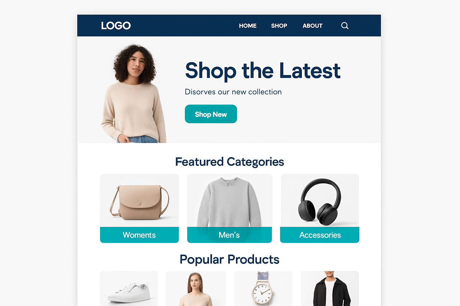 E-commerce homepage design with clean white background, navy headers, and cyan accent buttons.