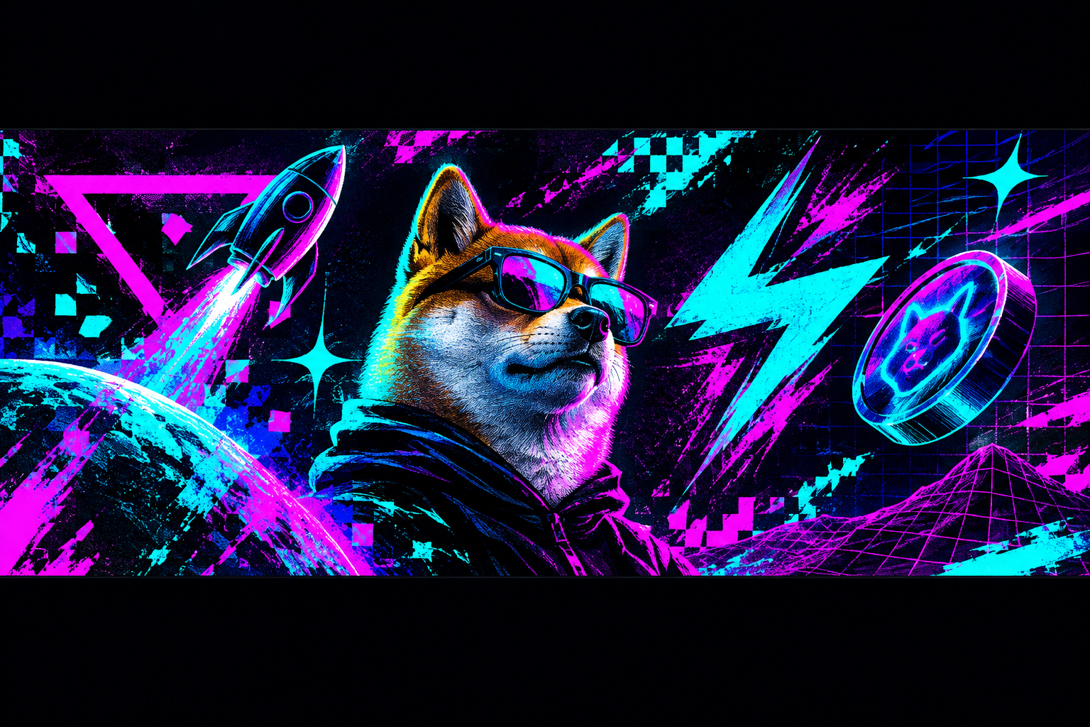 Horizontal placeholder banner with neon memecoin-style abstract graphics