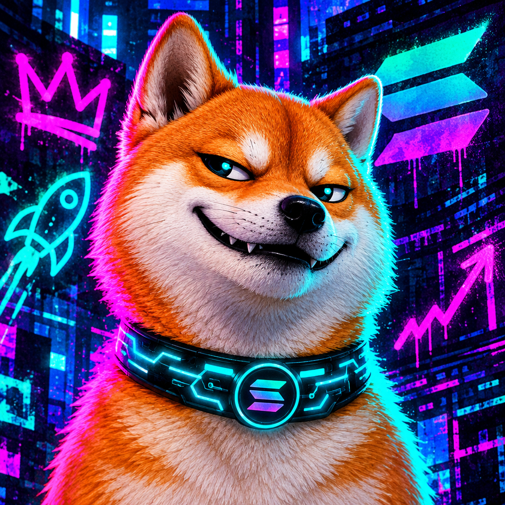 Neon cyber-shiba meme character with glowing circuit collar and mischievous grin