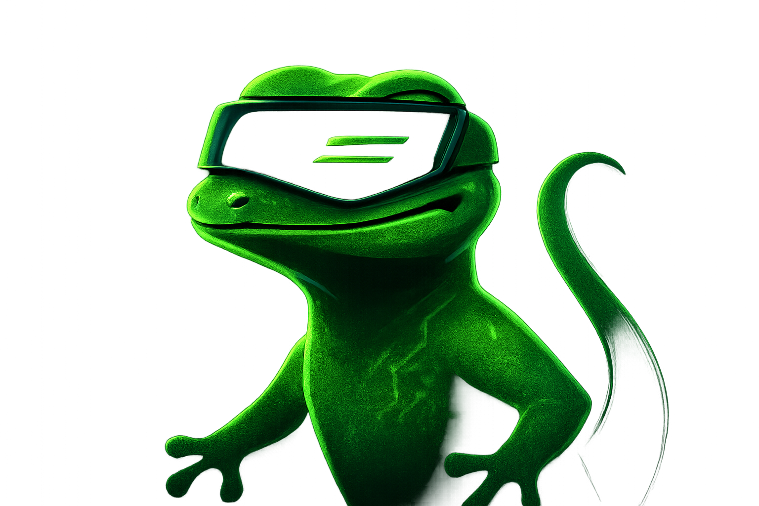 Neon green gecko mascot wearing a futuristic visor, glowing against a dark crypto-inspired background