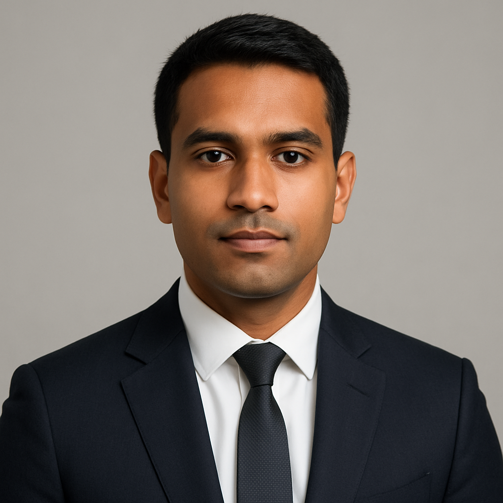 Professional portrait of Abhishek kumar, a male corporate lawyer in a dark navy suit with a calm, trustworthy expression, neutral studio background