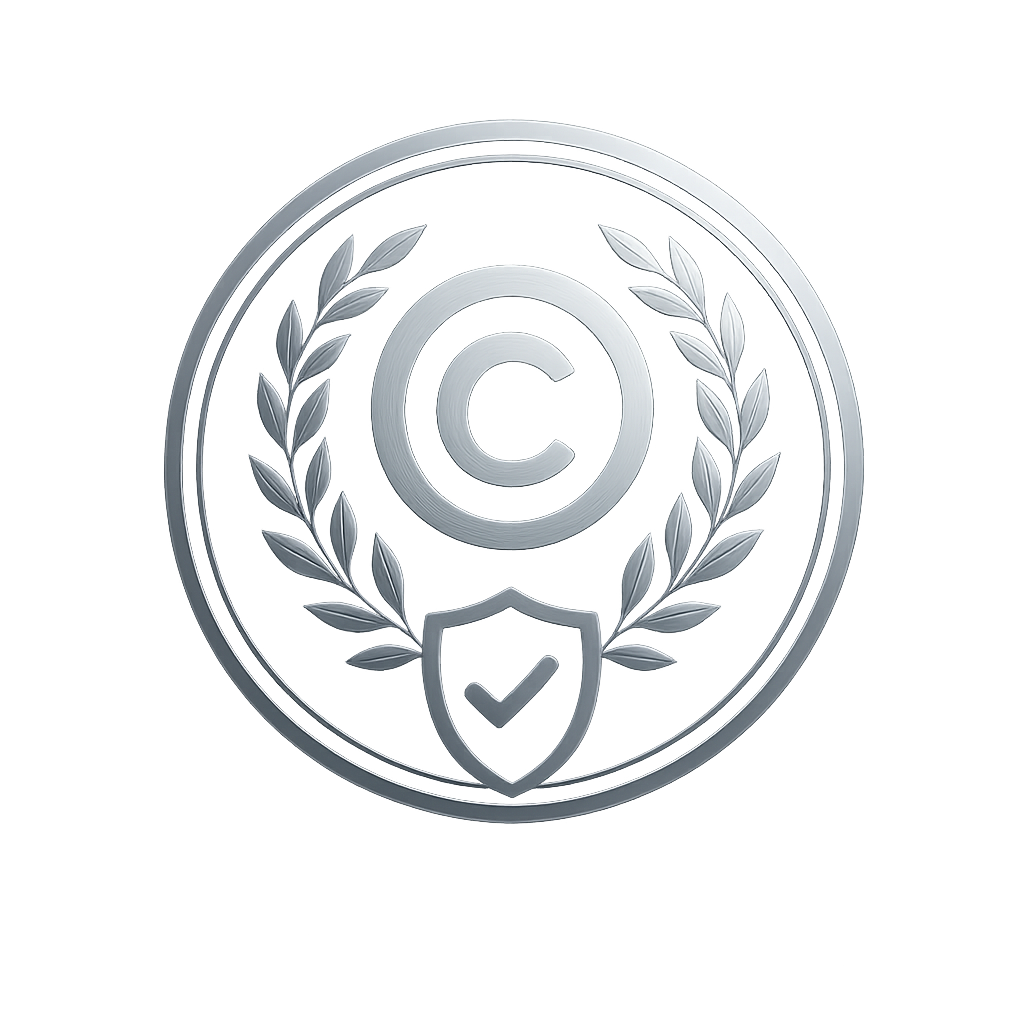 Minimalist metallic silver seal icon with a checkmark and circular border, symbolizing verified copyright protection