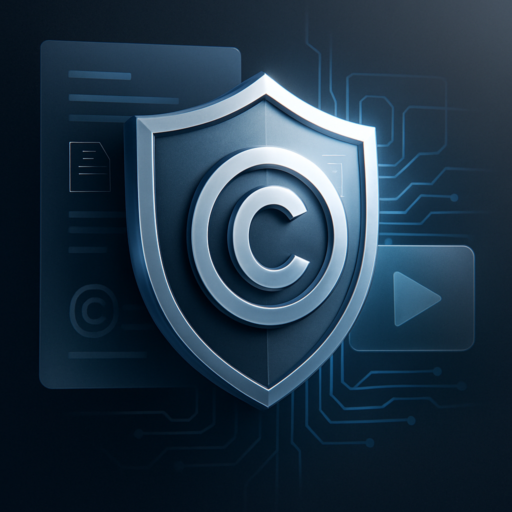 Abstract 3D security shield with layered holographic circuits and compliance motifs in a modern premium style