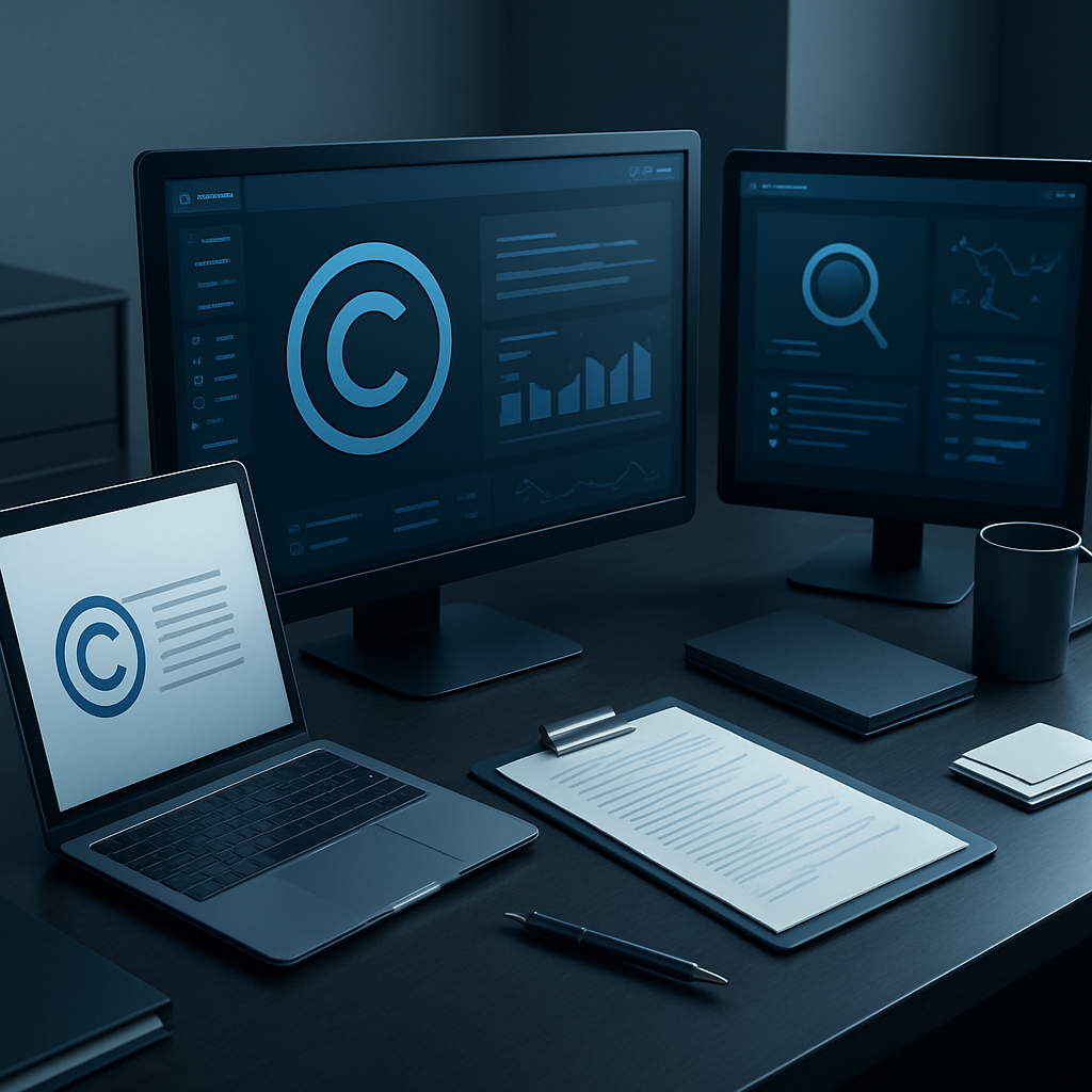 Modern enforcement workspace with a secure digital rights dashboard on a large screen, featuring a teal security shield and document verification interface