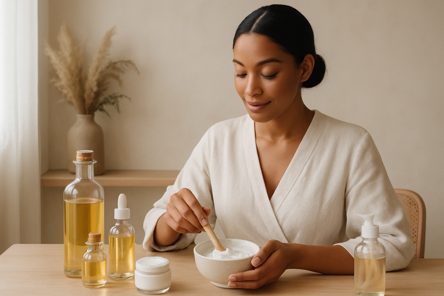 Elegant skincare atelier with soft neutral tones, glass bottles of botanical oils, and a woman gently mixing a natural cream