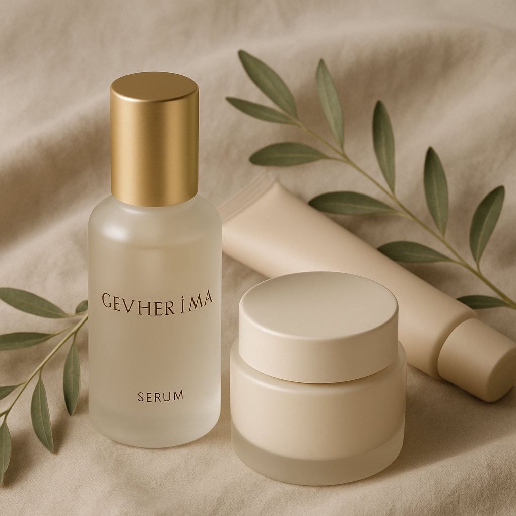 Luxurious halal skincare collection featuring a frosted glass serum bottle with gold cap, a matte cream jar, and a soft beige tube arranged on a warm linen cloth with delicate olive leaves