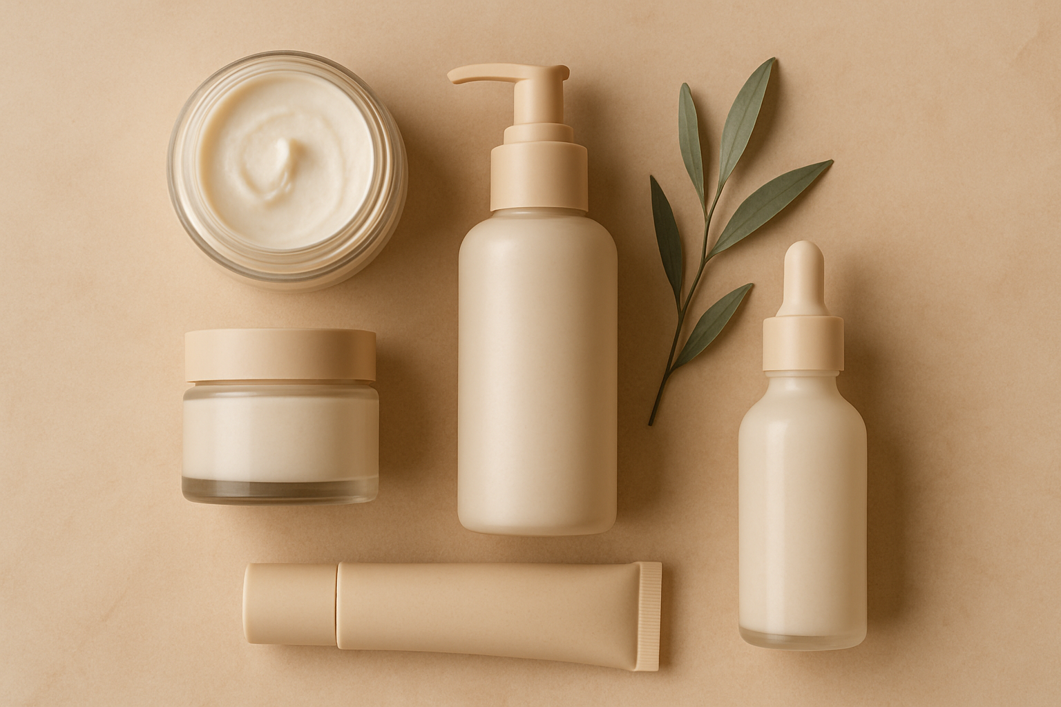 Elegant flatlay of halal and natural beauty packaging with soft neutral tones