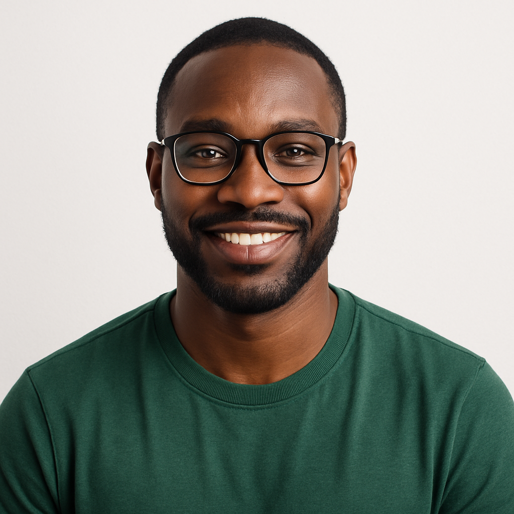An African man, glasses, trimmed beard, green shirt, smiling confidently.