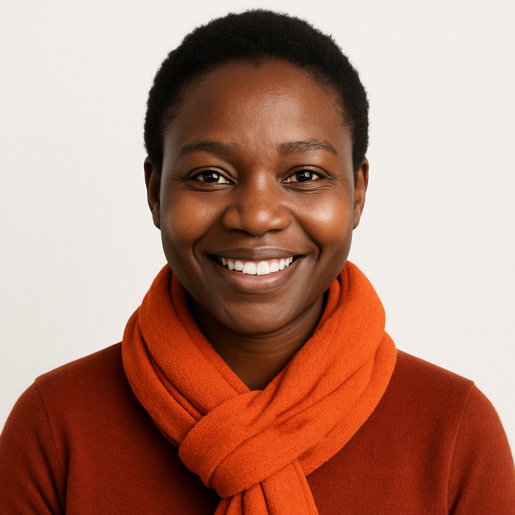 A smiling African woman, short natural hair, wearing a bright orange scarf, friendly expression.
