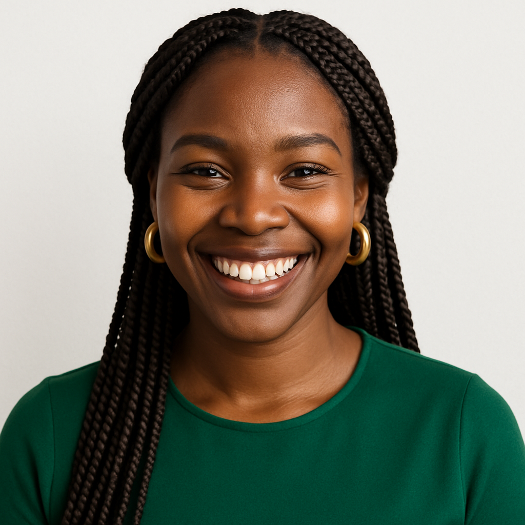 African woman with braided hair, gold earrings, green top, radiant smile.