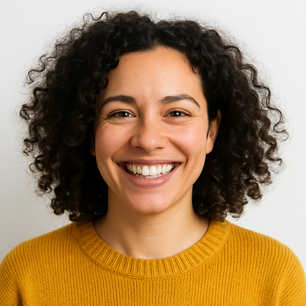 A North American woman, curly dark hair, golden sweater, joyful smile.