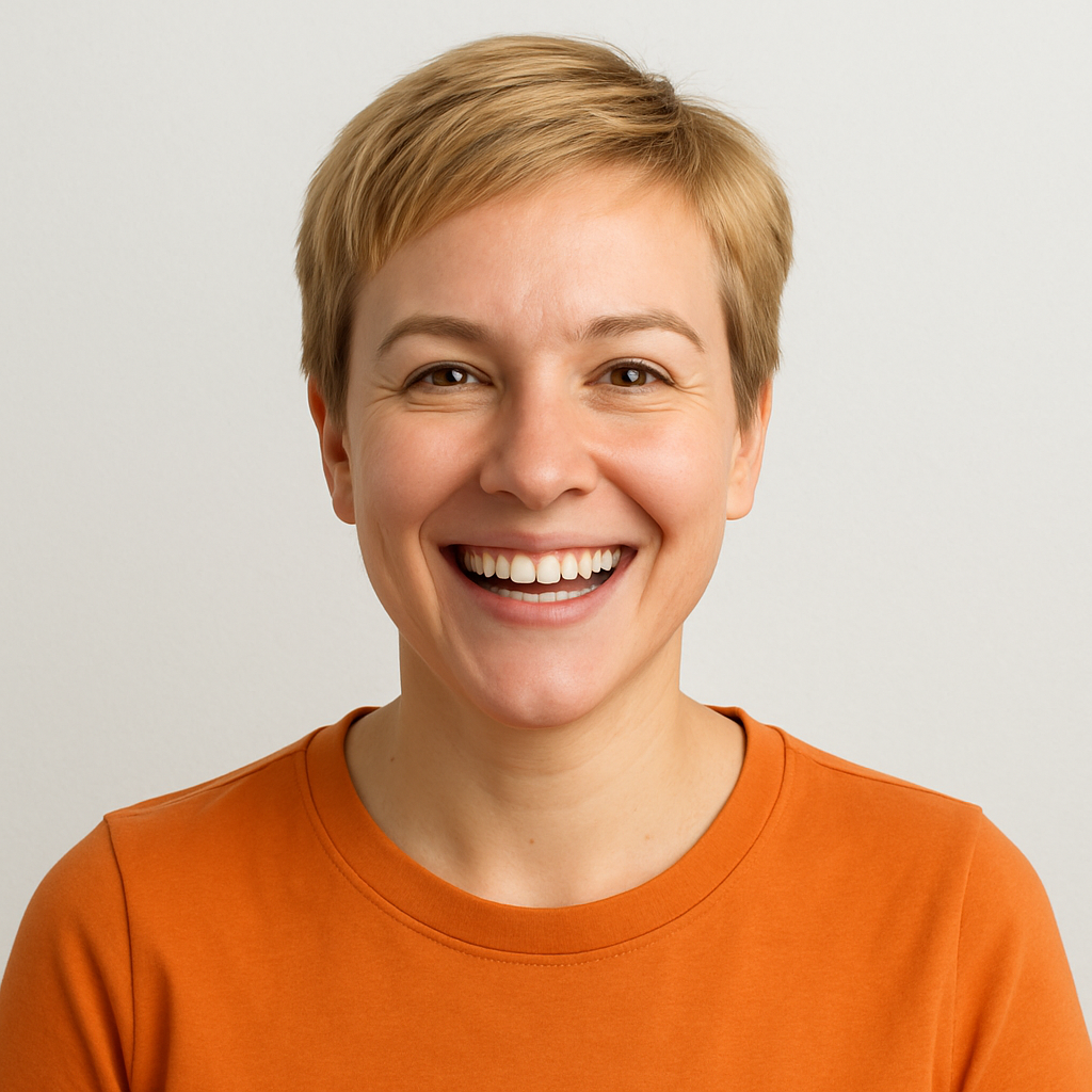 Smiling North American woman, short blonde hair, orange top, cheerful expression.