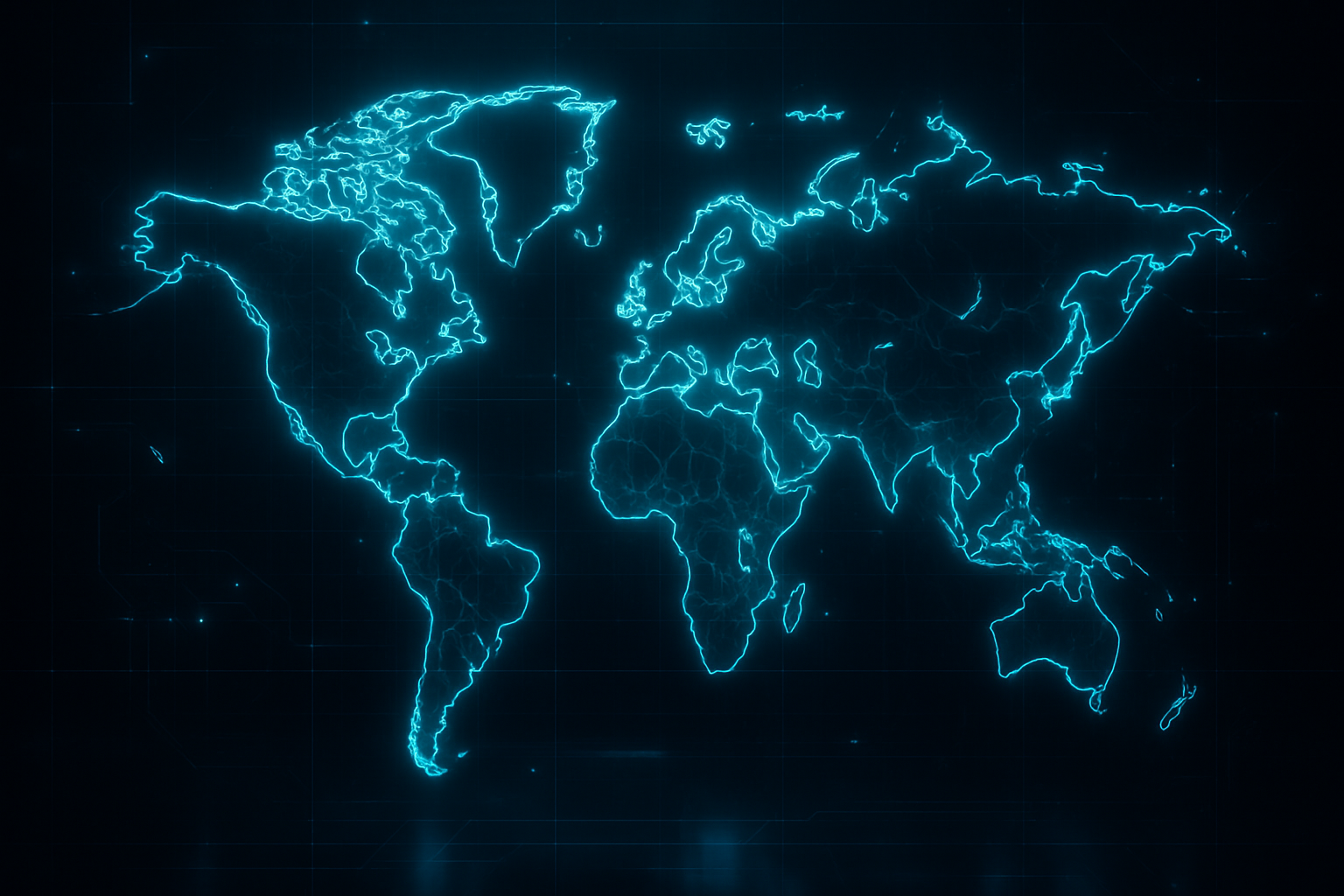 Futuristic cyber-style digital world map in neon contours on a dark glassy grid