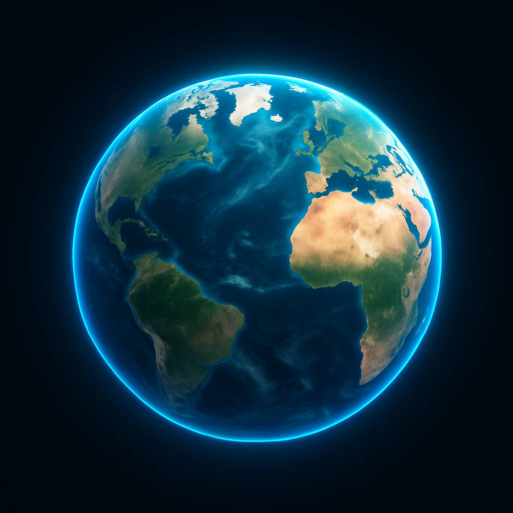 Realistic 3D Earth globe with recognizable continents, ocean reflections, and subtle futuristic glow