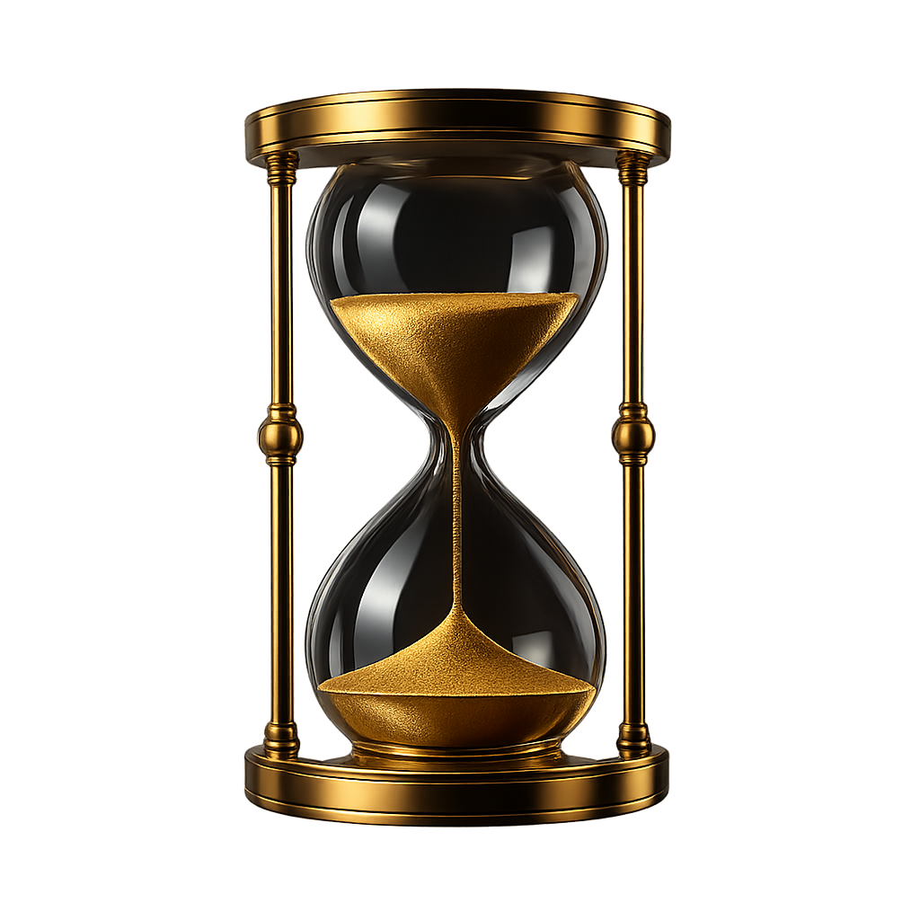 Luxurious 3D hourglass with polished glass and metal frame, glowing sand and dramatic cinematic lighting