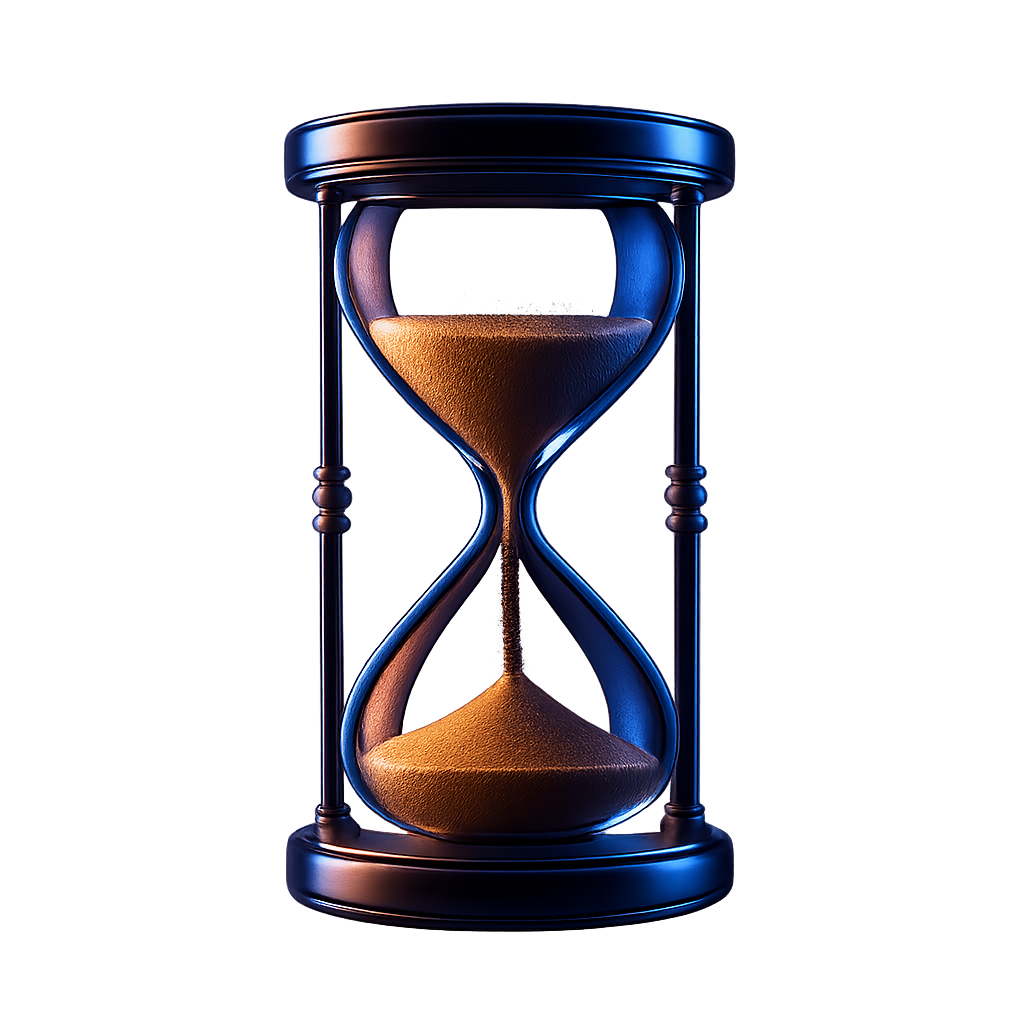 A dramatic 3D glass hourglass with shimmering metallic frame and glowing sand, floating with a transparent look