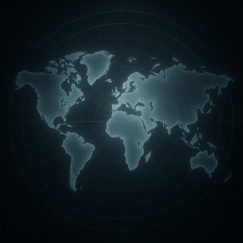 Subtle cinematic world map texture centered inside a circular radar display