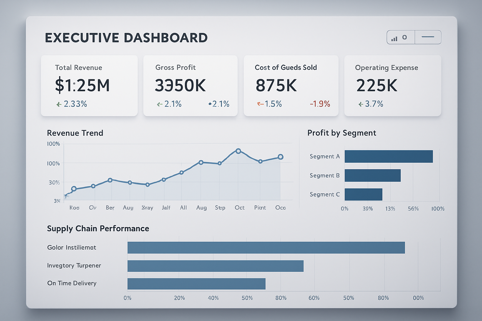Modern Power BI executive dashboard with KPI cards, trend charts, and supply chain performance metrics