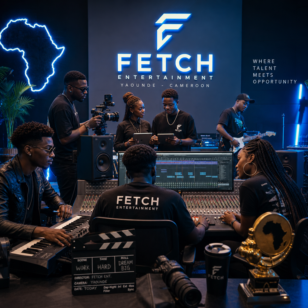 Cinematic view of a premium African entertainment production studio with neon-lit mixing console, recording booth glass, and performers preparing under dramatic lighting