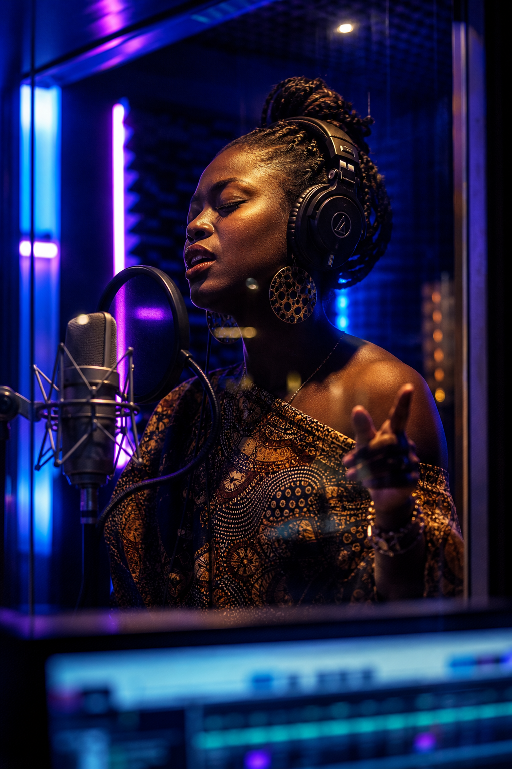 Portrait of a Cameroonian vocalist in a neon blue and violet recording booth, wearing studio headphones under moody cinematic lighting