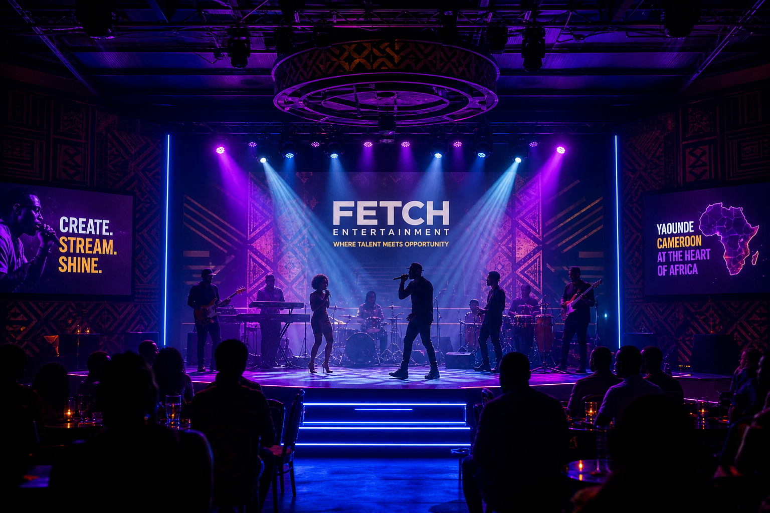 Wide shot of a live performance stage with violet neon edge lighting, silhouettes of performers, and soft haze in a premium Afrocentric venue
