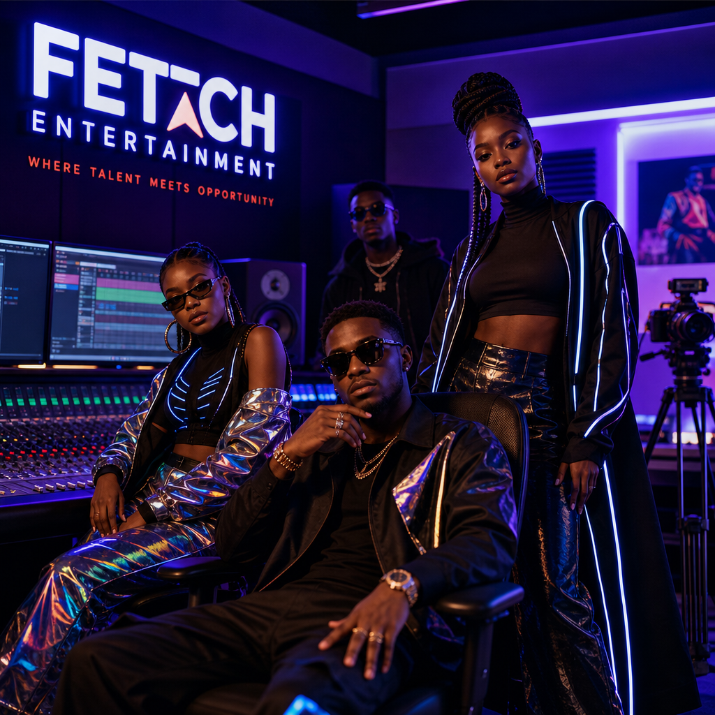 Confident African creators in a premium entertainment studio with Afro-futuristic styling, neon blue and violet accents, and cinematic lighting