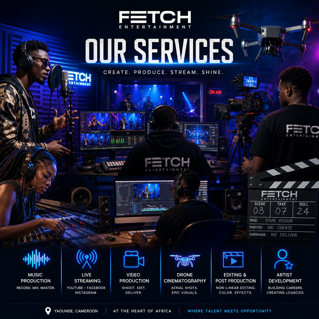 Neon-lit music production studio in Yaounde with a vocalist at a condenser microphone, mixing console glowing blue and violet, cinematic lighting, and a wall-mounted screen showing live camera feeds