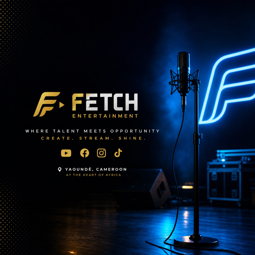 Moody studio stage in Yaounde with neon blue lighting, microphone stand, and cinematic haze
