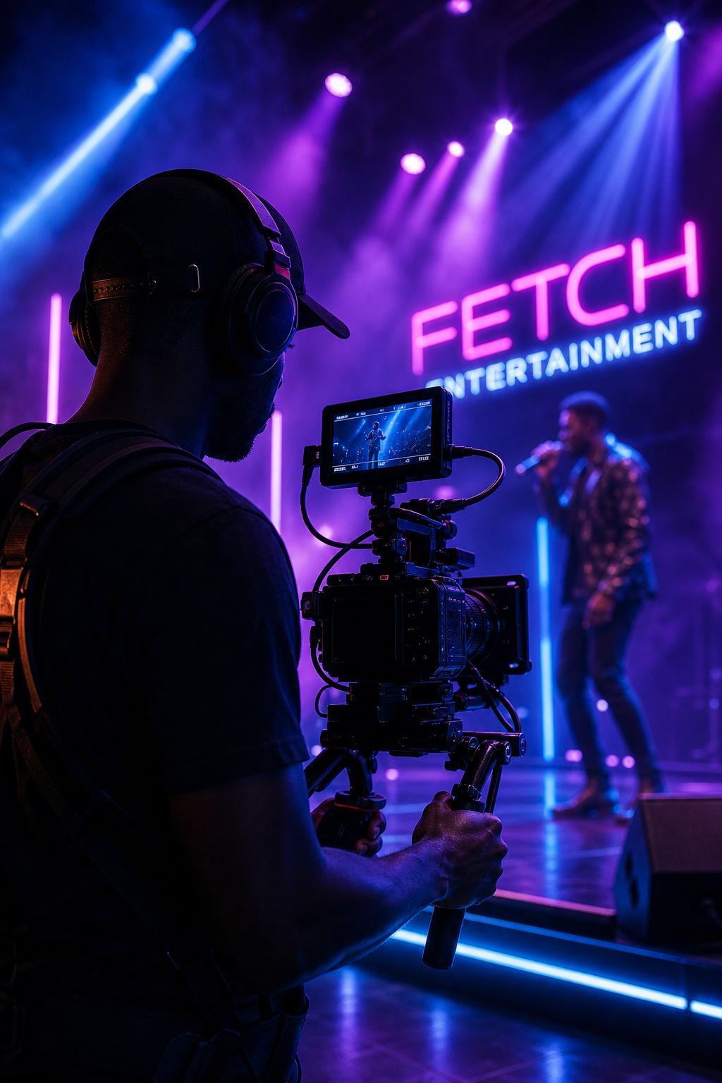 Vertical still of a camera operator filming on a neon-lit stage with purple haze and blue rim light