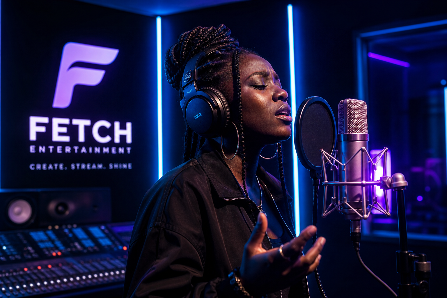 Wide still of a vocalist performing in a dark studio with neon blue light strips and a glowing microphone