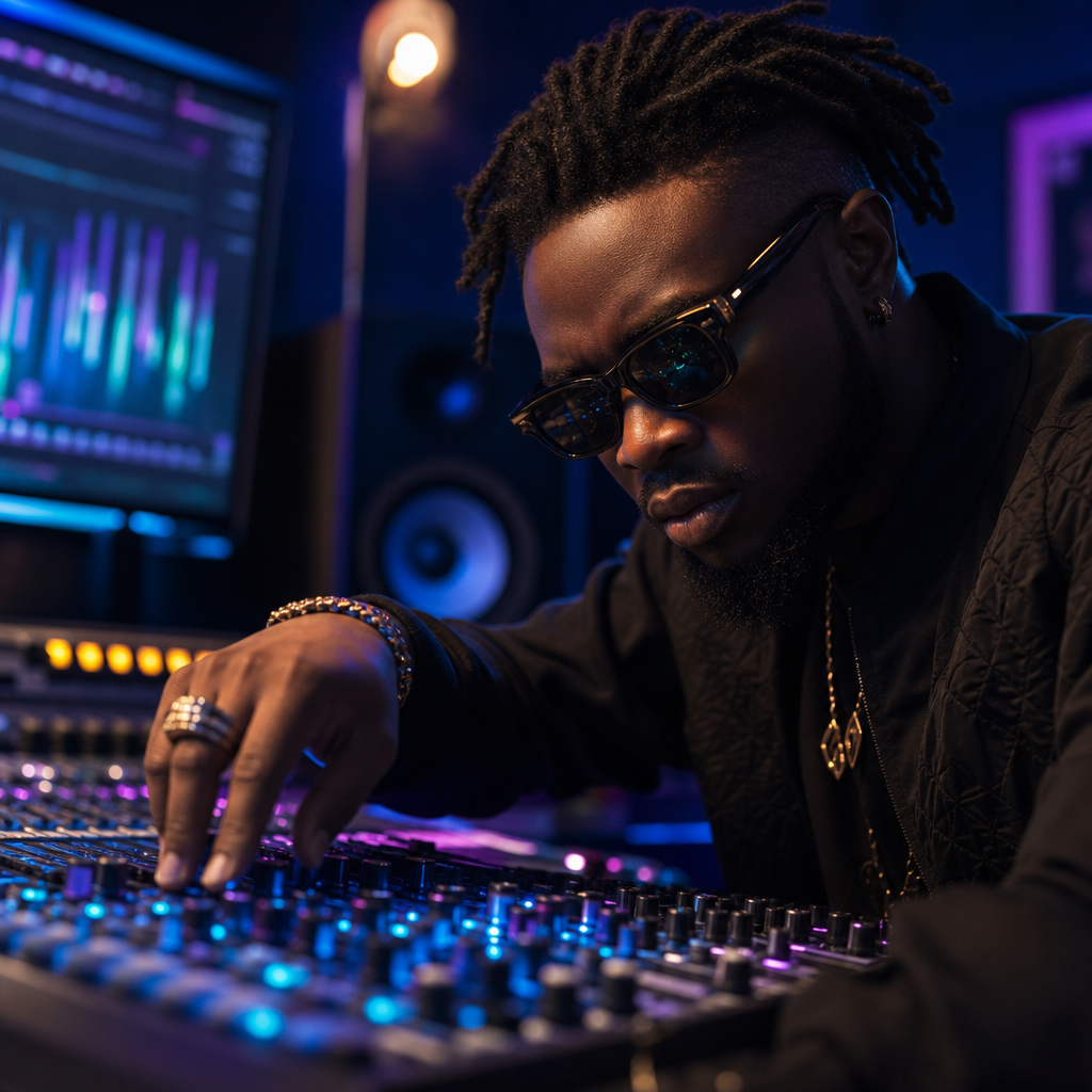 Close-up cinematic still of a music producer adjusting glowing blue and violet mixing knobs in a dark studio