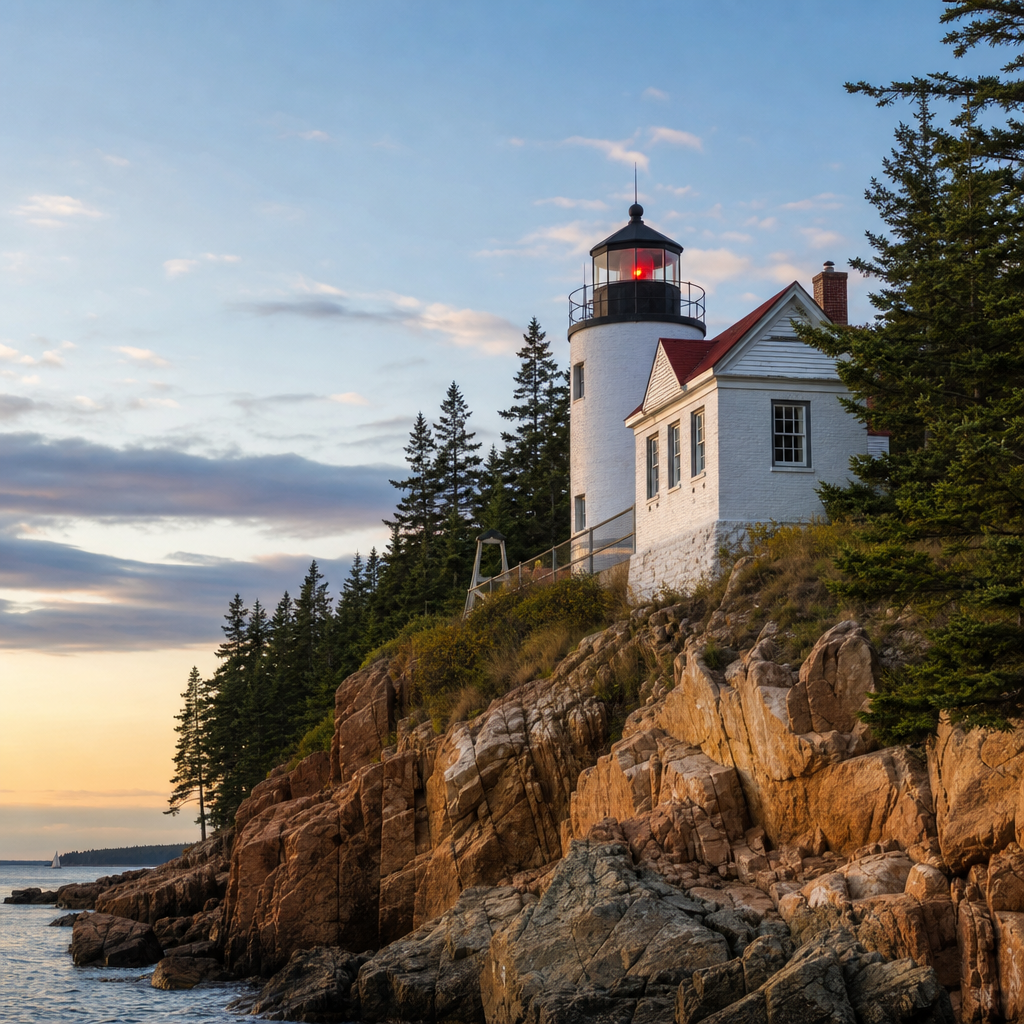 Bass Harbor Head Light above dark coastal rocks and sea on the Maine coast