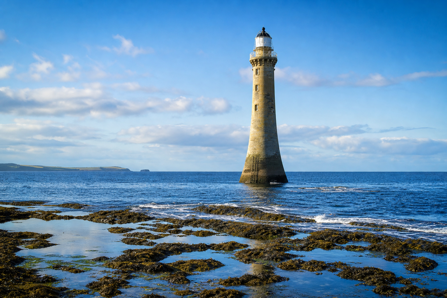 Bell Rock Lighthouse rising from offshore reef at low tide