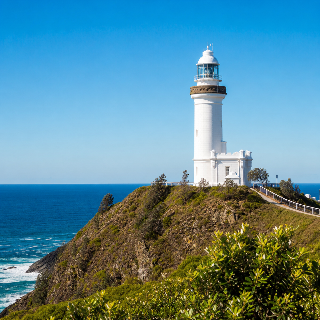 Cape Byron Lighthouse on sunny hill above blue ocean