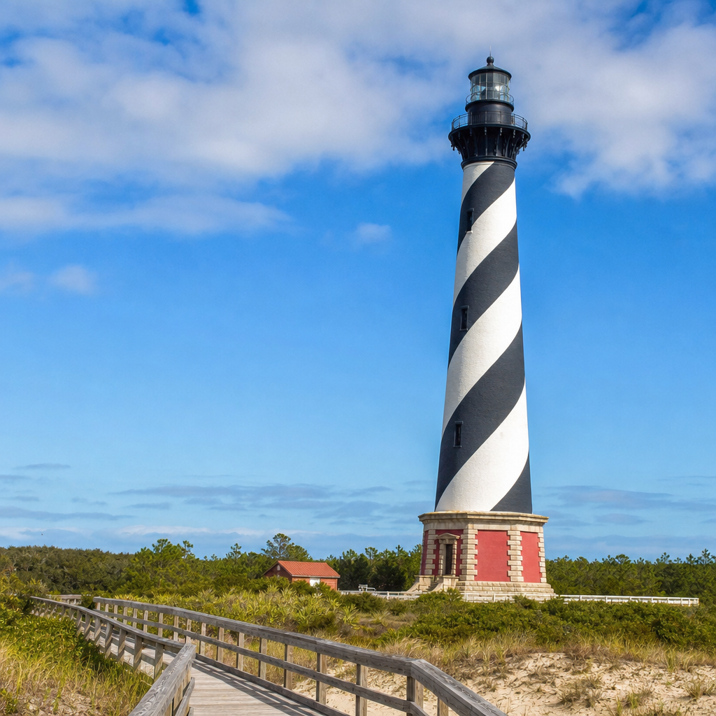 Cape Hatteras Lighthouse with bold black-and-white spiral stripes rising against a bright blue sky