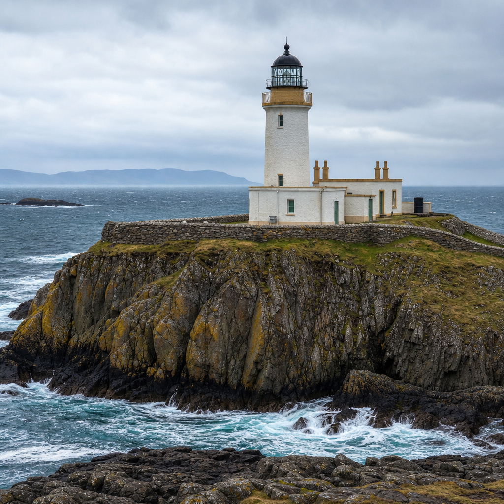 Rugged island lighthouse above steep cliffs and rough ocean waves under a cloudy Scottish sky