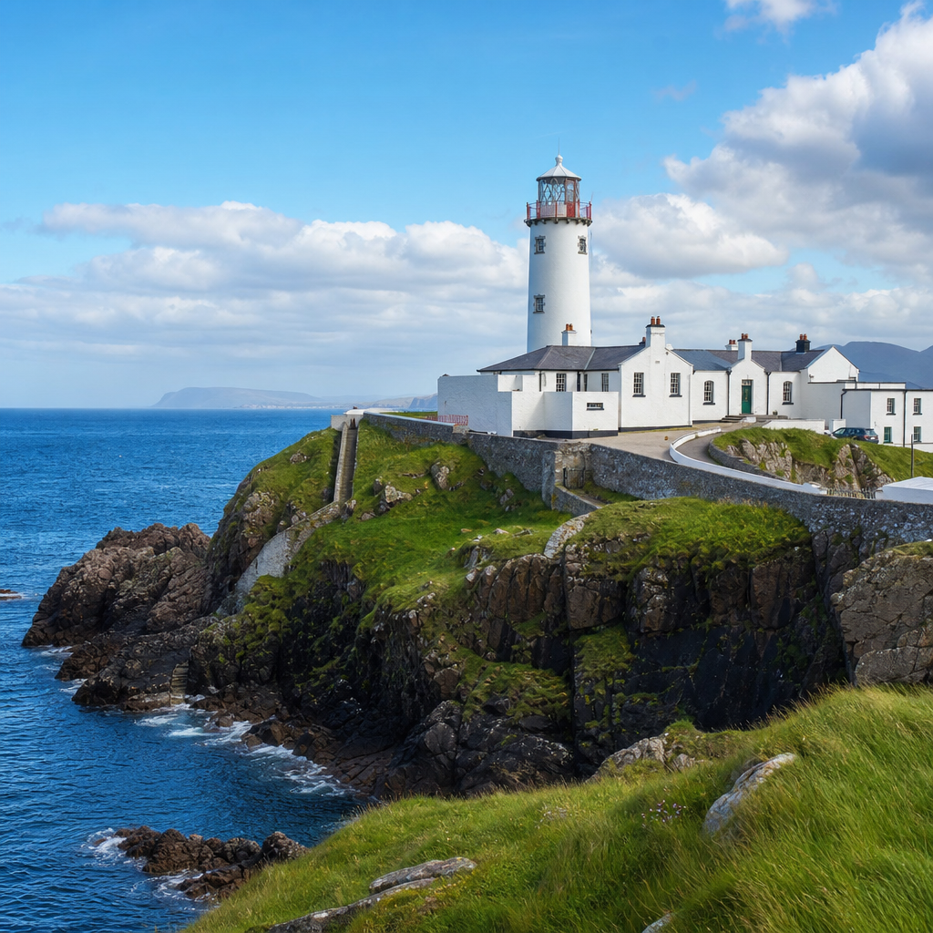 Fanad Head Lighthouse on green headland above ocean