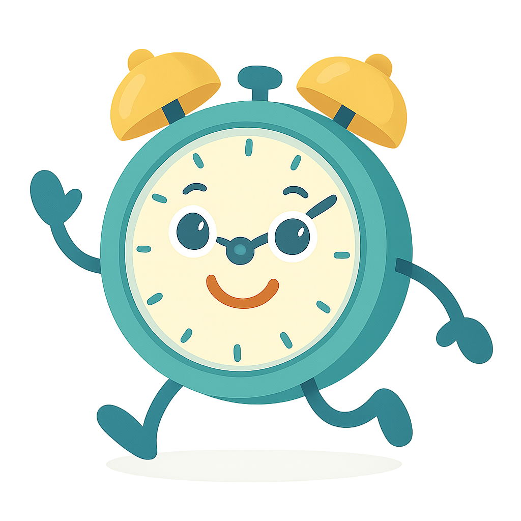 Small cheerful cartoon clock with a smiling face and playful hands