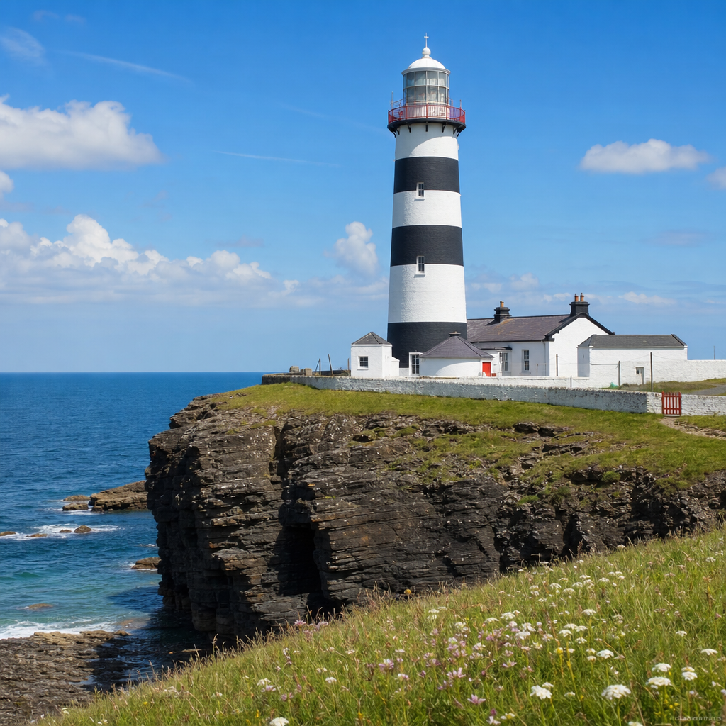 Hook Head Lighthouse with bold black-and-white stripes on a rocky Irish coastline under a bright sky