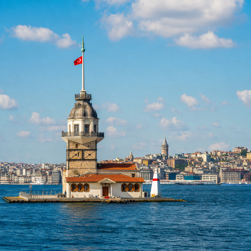 Kız Kulesi rising from the water in Istanbul with the city skyline in the distance