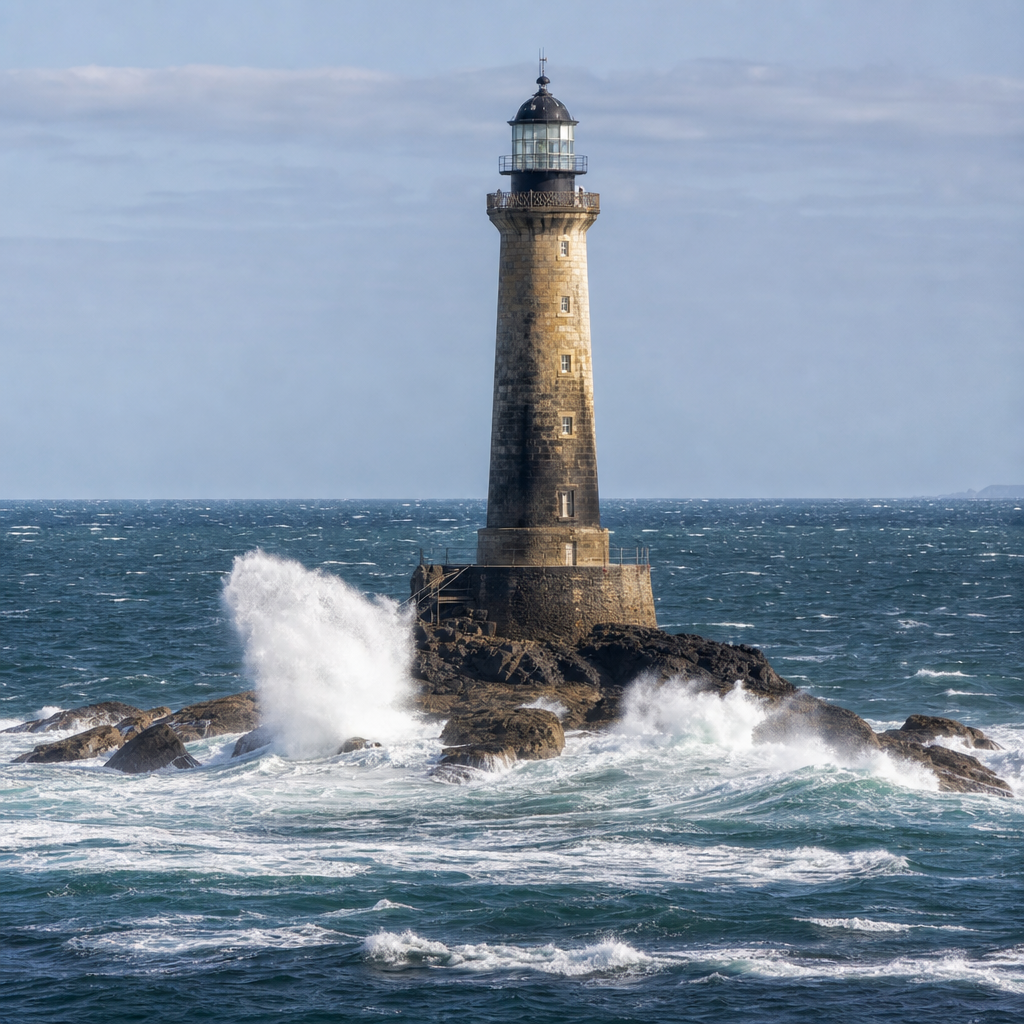 La Jument Lighthouse surrounded by dramatic ocean spray