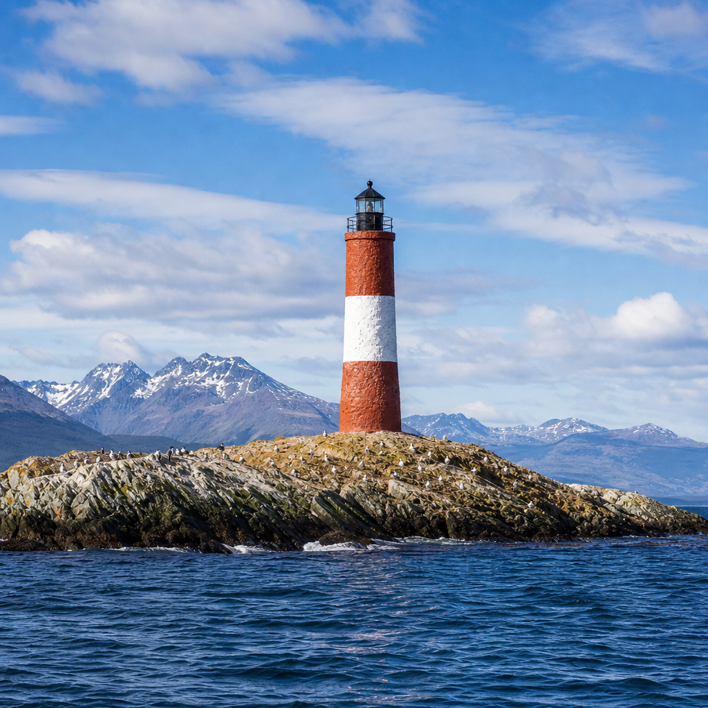 Red-and-white Les Éclaireurs Lighthouse on a rocky island in cold southern waters