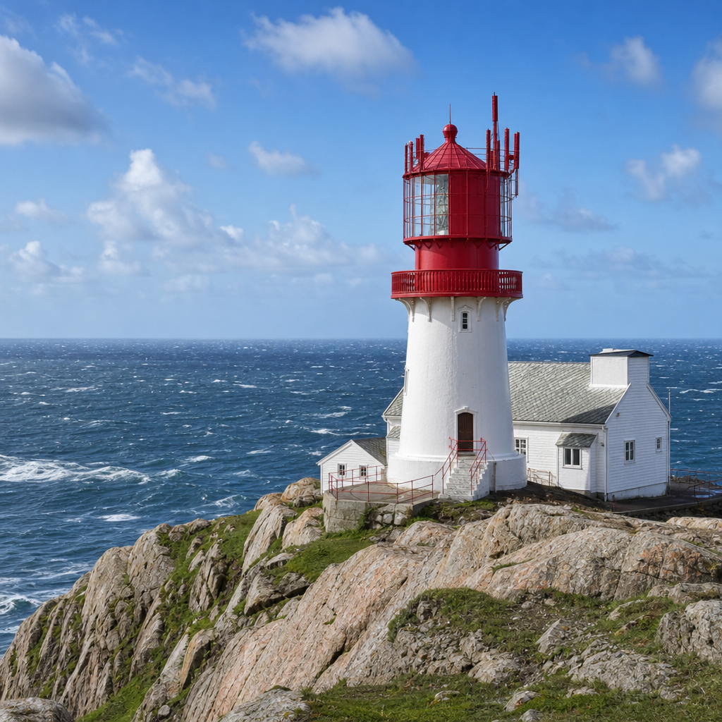 Lindesnes Lighthouse on a windy cliff by the sea
