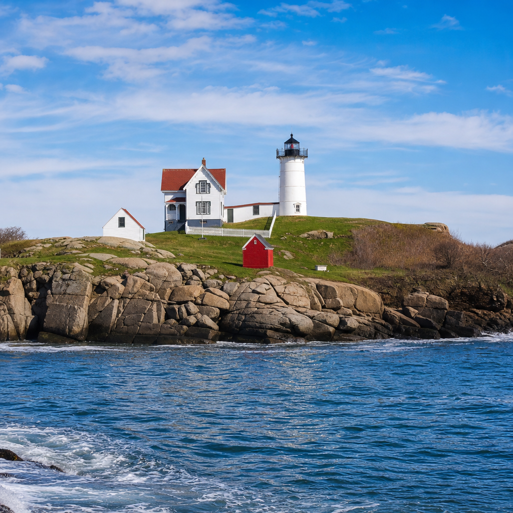 Nubble Lighthouse on small island connected by rocky shore