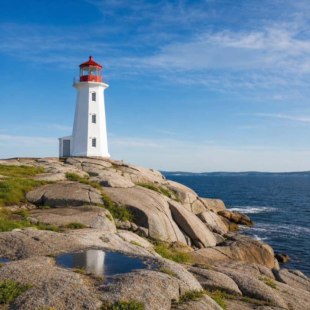 Peggy’s Point Lighthouse on a rocky shoreline under a bright sky