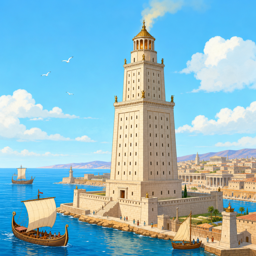 Educational artistic view of the Pharos of Alexandria lighthouse beside the sea with ancient ships near the harbor