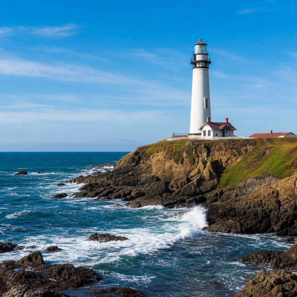Pigeon Point Lighthouse beside Pacific waves and dark rocks